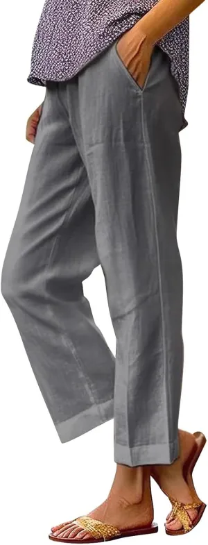 Womens Cotton Linen Pants Straight Leg Solid Color Elastic Waist Lightweight Beach Pants Summer Thin Workout Relaxed Trousers