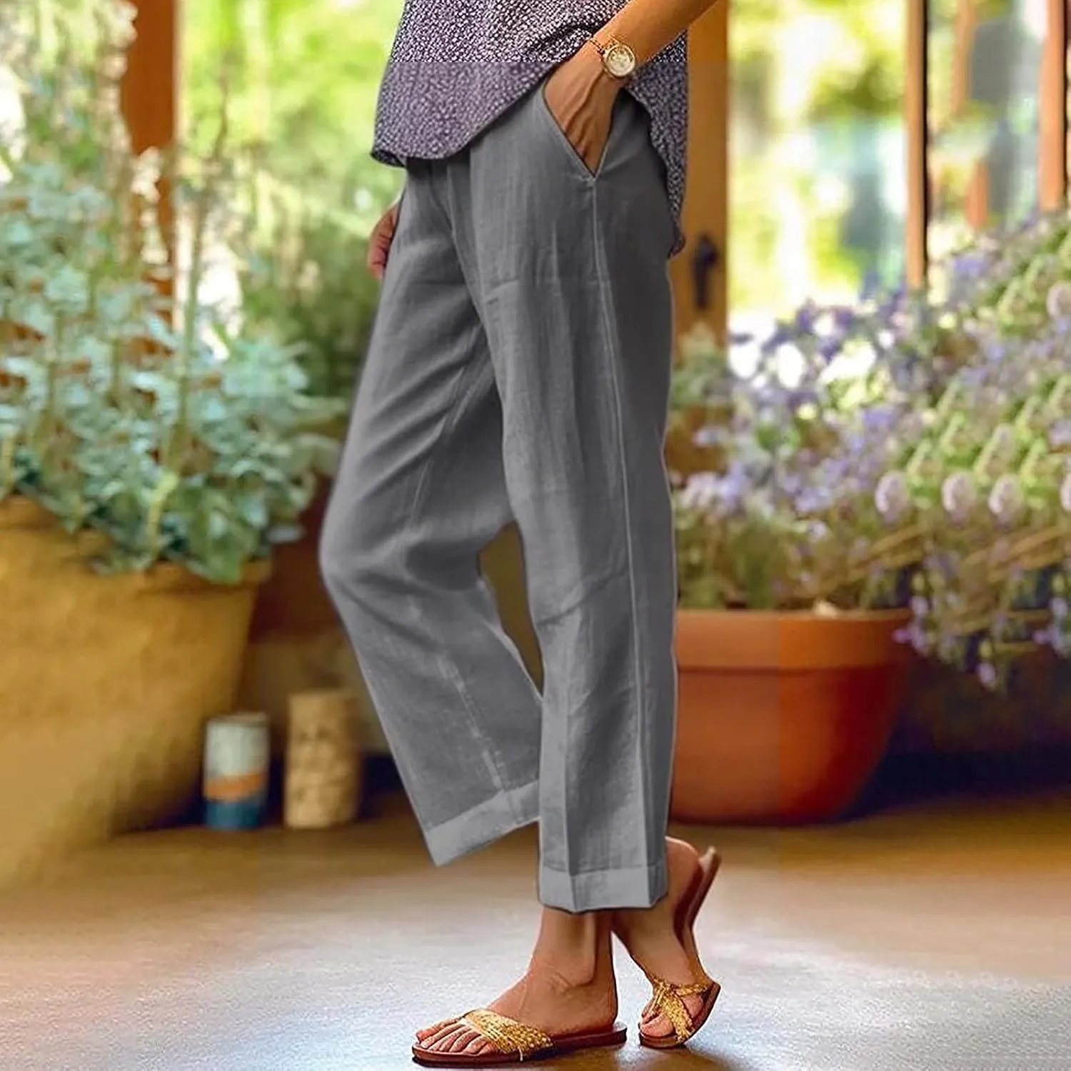Womens Cotton Linen Pants Straight Leg Solid Color Elastic Waist Lightweight Beach Pants Summer Thin Workout Relaxed Trousers