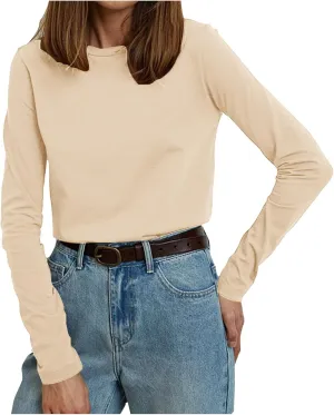 Women's Crew Neck Long Sleeve Shirts Basic Loose Fit Layering Tops Simple Classic Plain Color Pullover Fall Winter