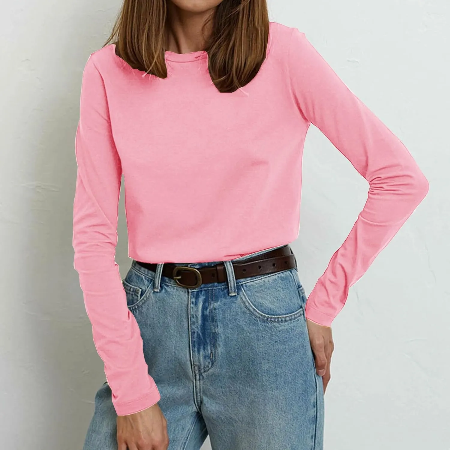 Women's Crew Neck Long Sleeve Shirts Basic Loose Fit Layering Tops Simple Classic Plain Color Pullover Fall Winter