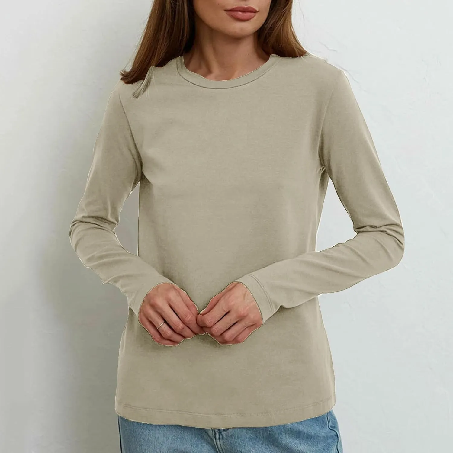 Women's Crew Neck Long Sleeve Shirts Basic Loose Fit Layering Tops Simple Classic Plain Color Pullover Fall Winter