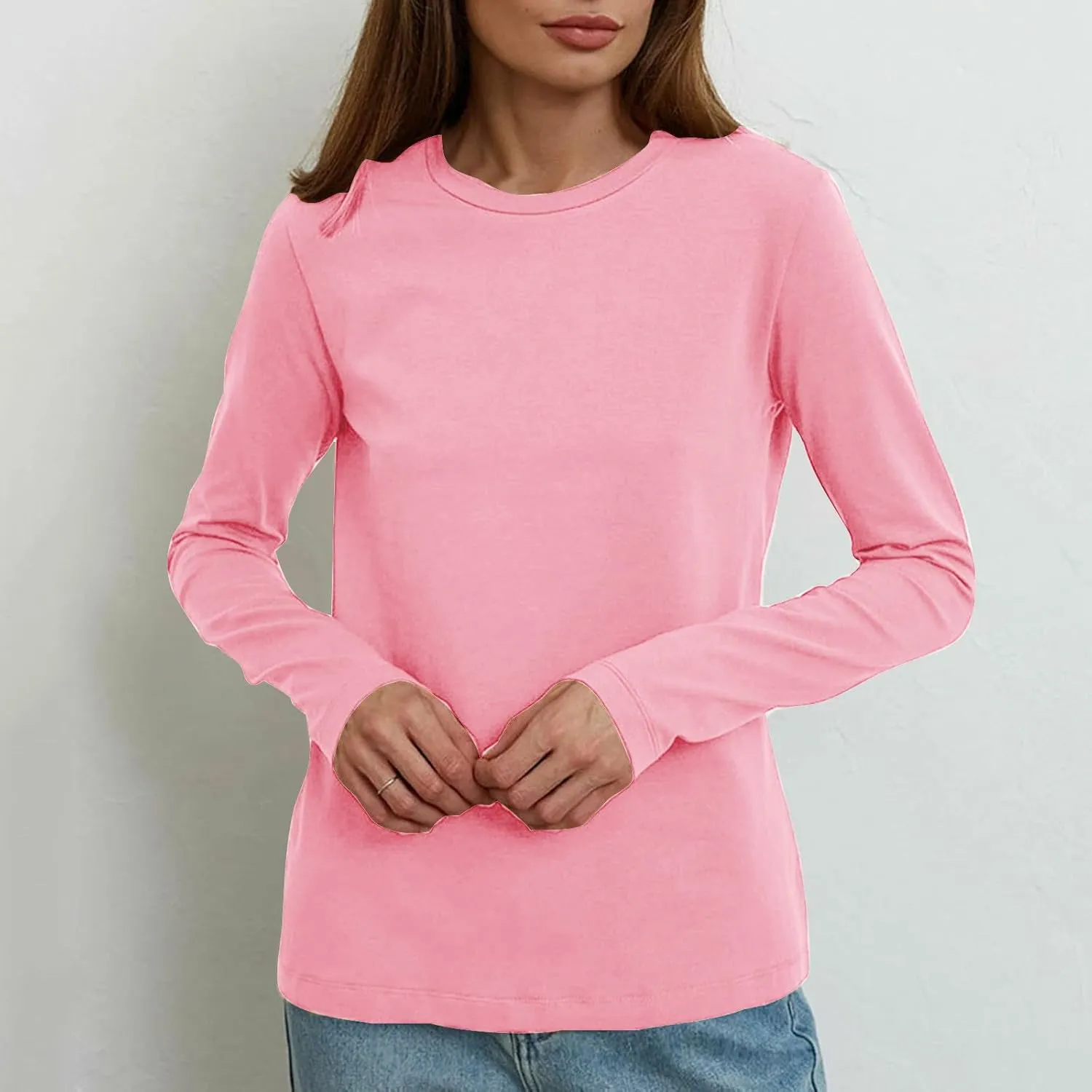 Women's Crew Neck Long Sleeve Shirts Basic Loose Fit Layering Tops Simple Classic Plain Color Pullover Fall Winter
