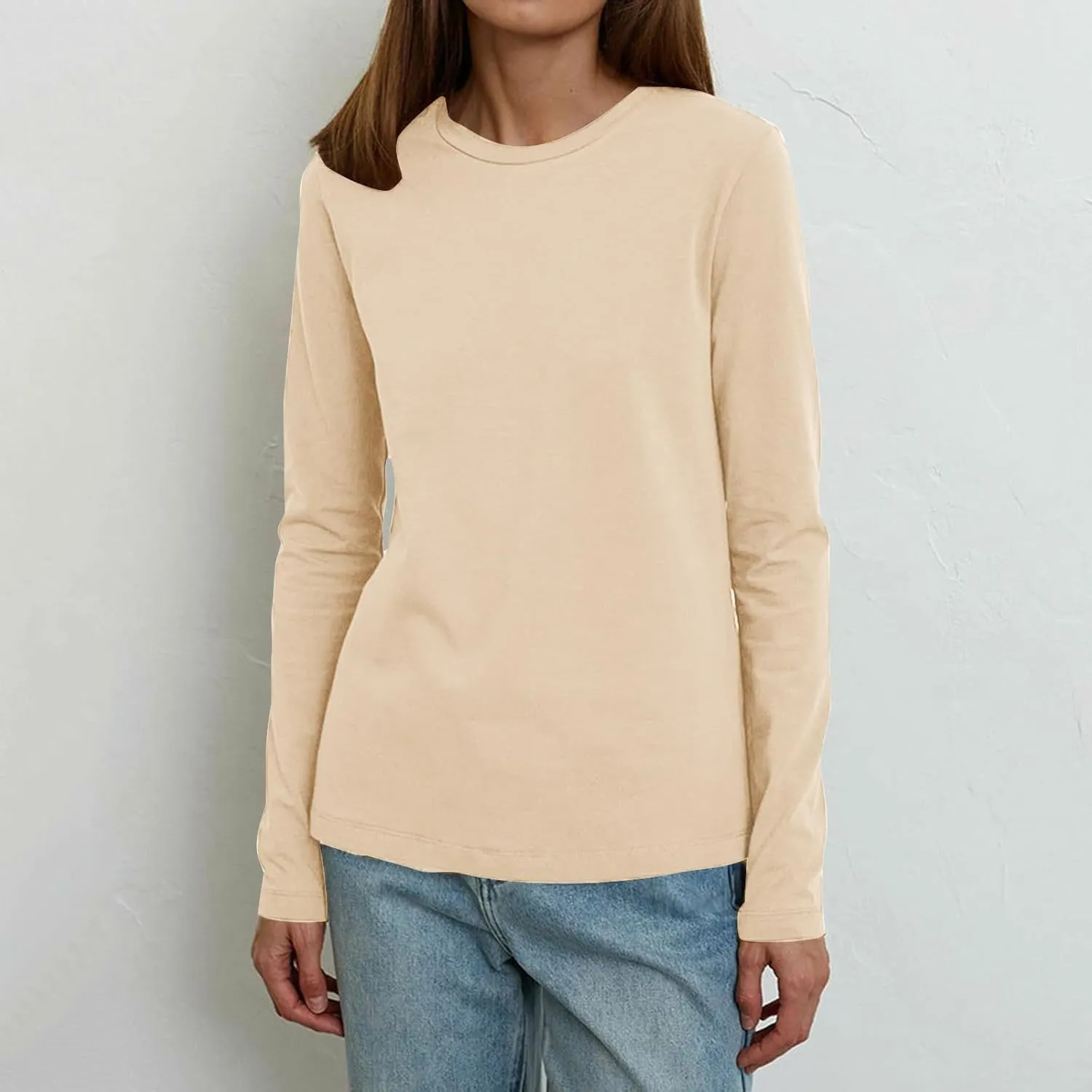 Women's Crew Neck Long Sleeve Shirts Basic Loose Fit Layering Tops Simple Classic Plain Color Pullover Fall Winter