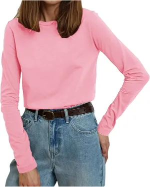 Women's Crew Neck Long Sleeve Shirts Basic Loose Fit Layering Tops Simple Classic Plain Color Pullover Fall Winter