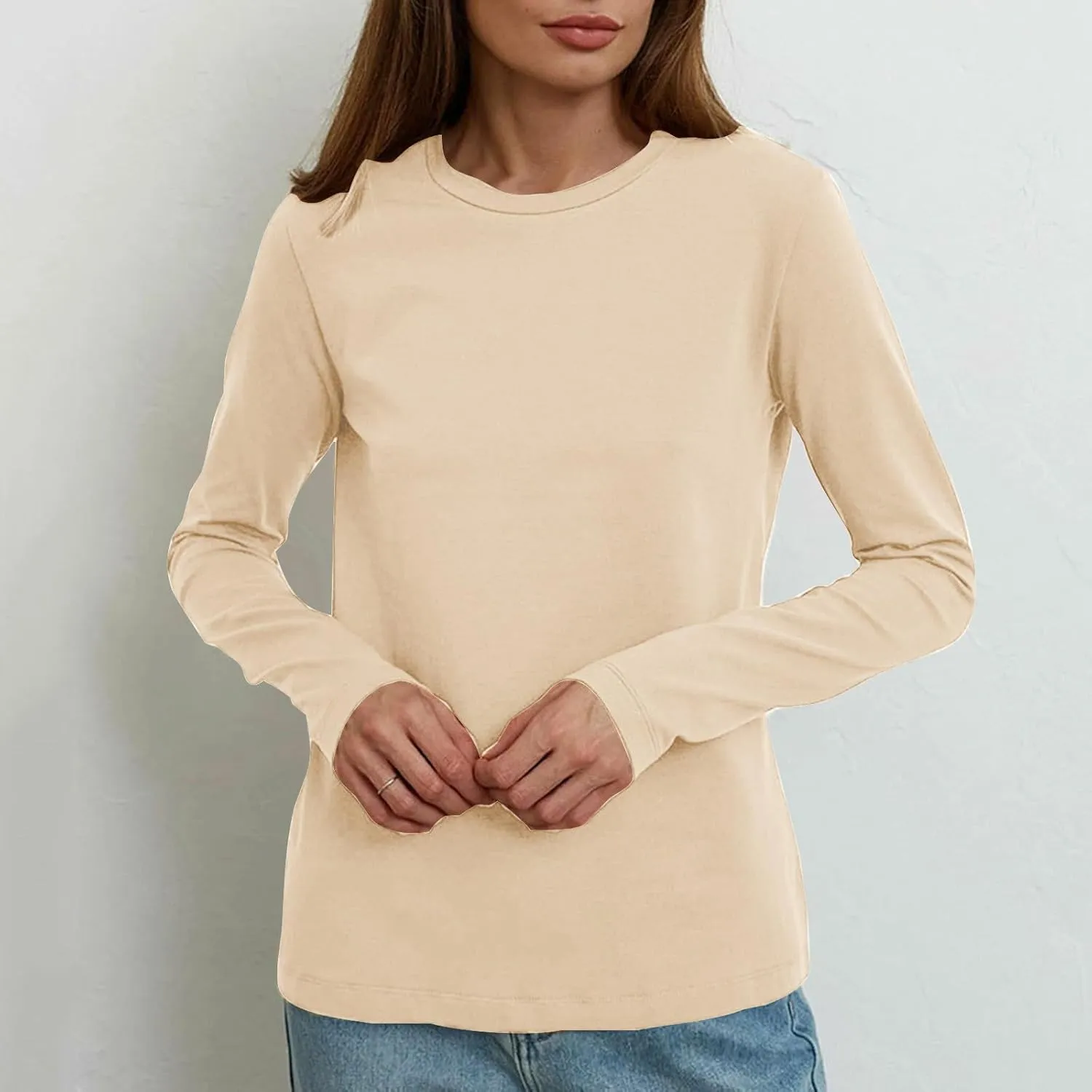 Women's Crew Neck Long Sleeve Shirts Basic Loose Fit Layering Tops Simple Classic Plain Color Pullover Fall Winter