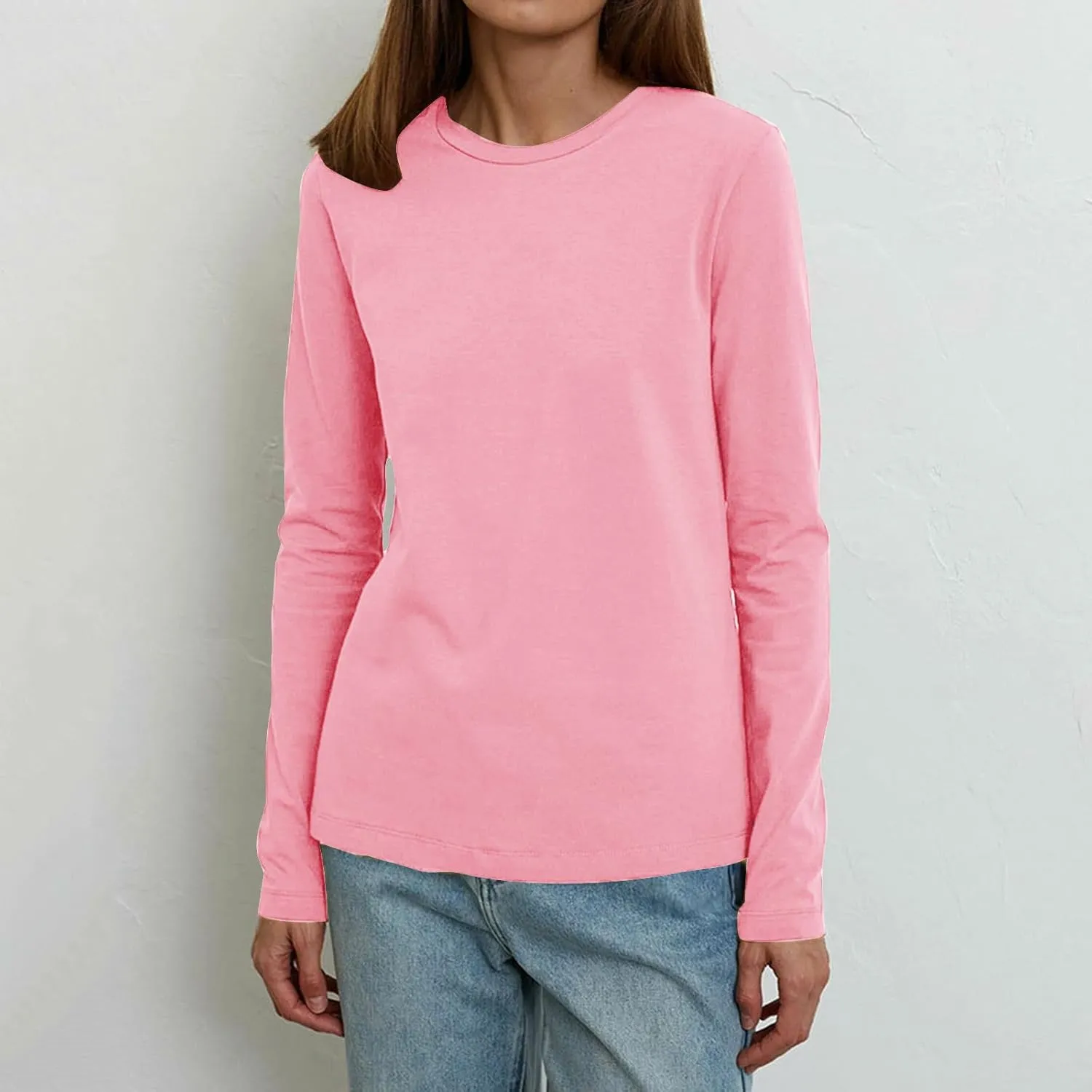 Women's Crew Neck Long Sleeve Shirts Basic Loose Fit Layering Tops Simple Classic Plain Color Pullover Fall Winter