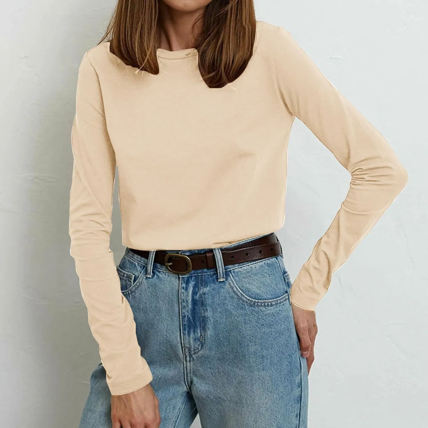 Women's Crew Neck Long Sleeve Shirts Basic Loose Fit Layering Tops Simple Classic Plain Color Pullover Fall Winter