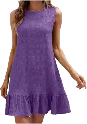 Women's Crewneck Ruffle Hem A Line Dresses Sleeveless Elegant Flowy Mini Dress Summer Casual Cute Beach Sundress