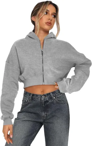 Womens Cropped Zip Up Hoodies Loose Fleece Sweatshirts Casual Hooded Jackets Trendy Y2K Clothes