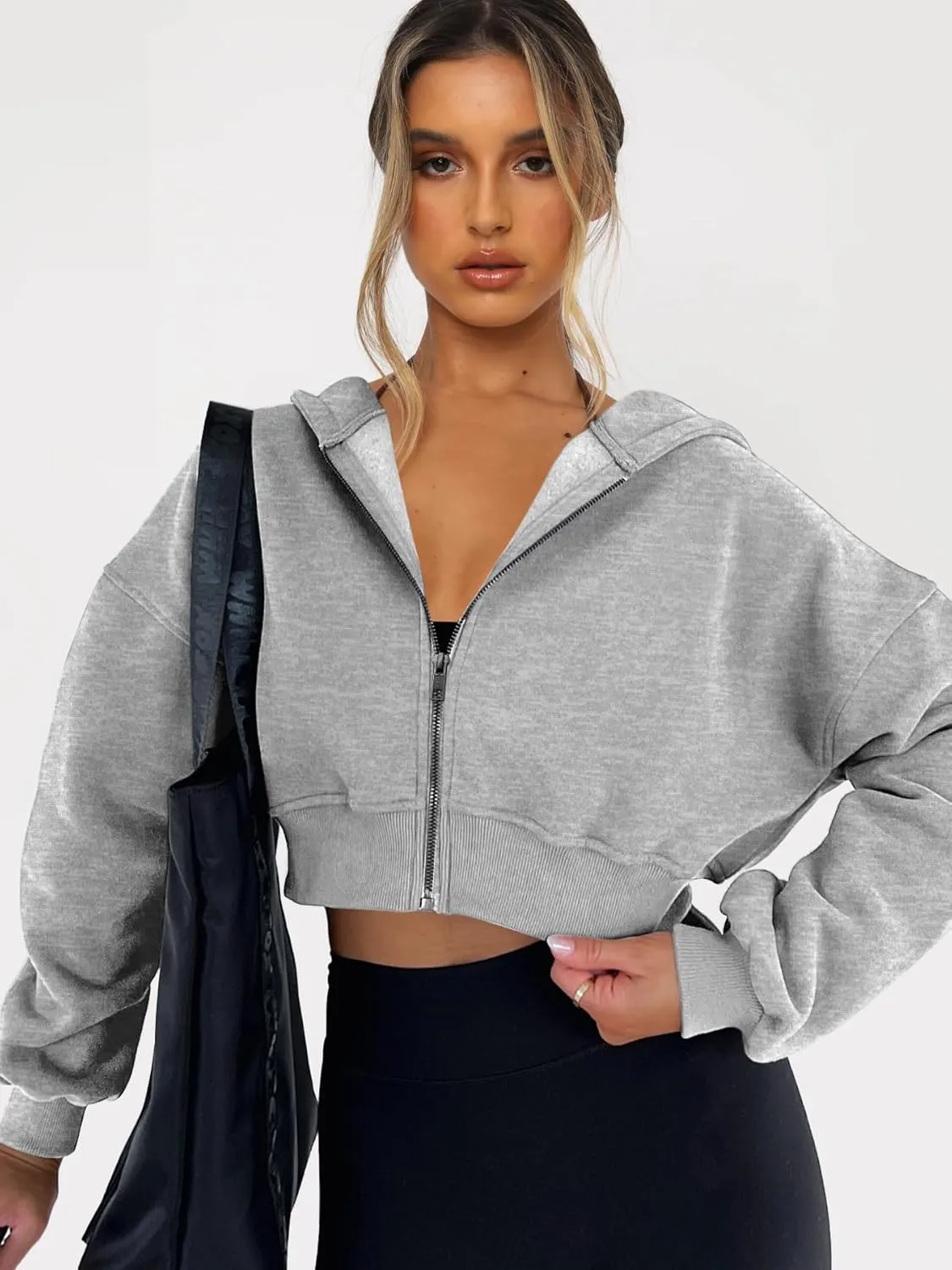 Womens Cropped Zip Up Hoodies Loose Fleece Sweatshirts Casual Hooded Jackets Trendy Y2K Clothes