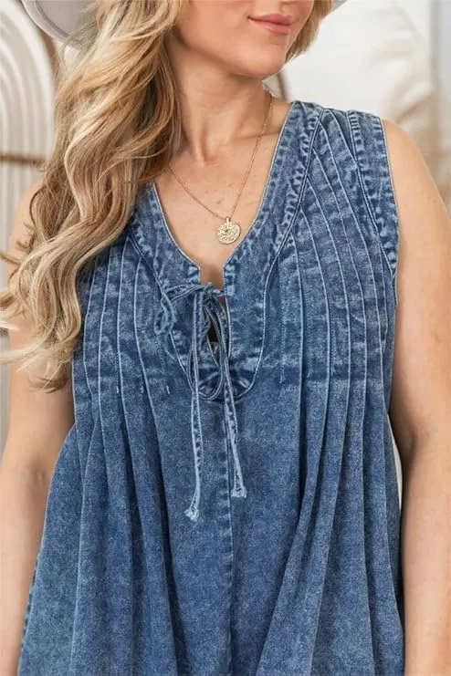 Women's Denim Dress Sleeveless Tie Front Ruffle Jean Dress Casual V Neck Club Party Dress