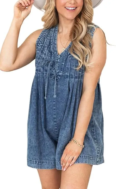 Women's Denim Dress Sleeveless Tie Front Ruffle Jean Dress Casual V Neck Club Party Dress