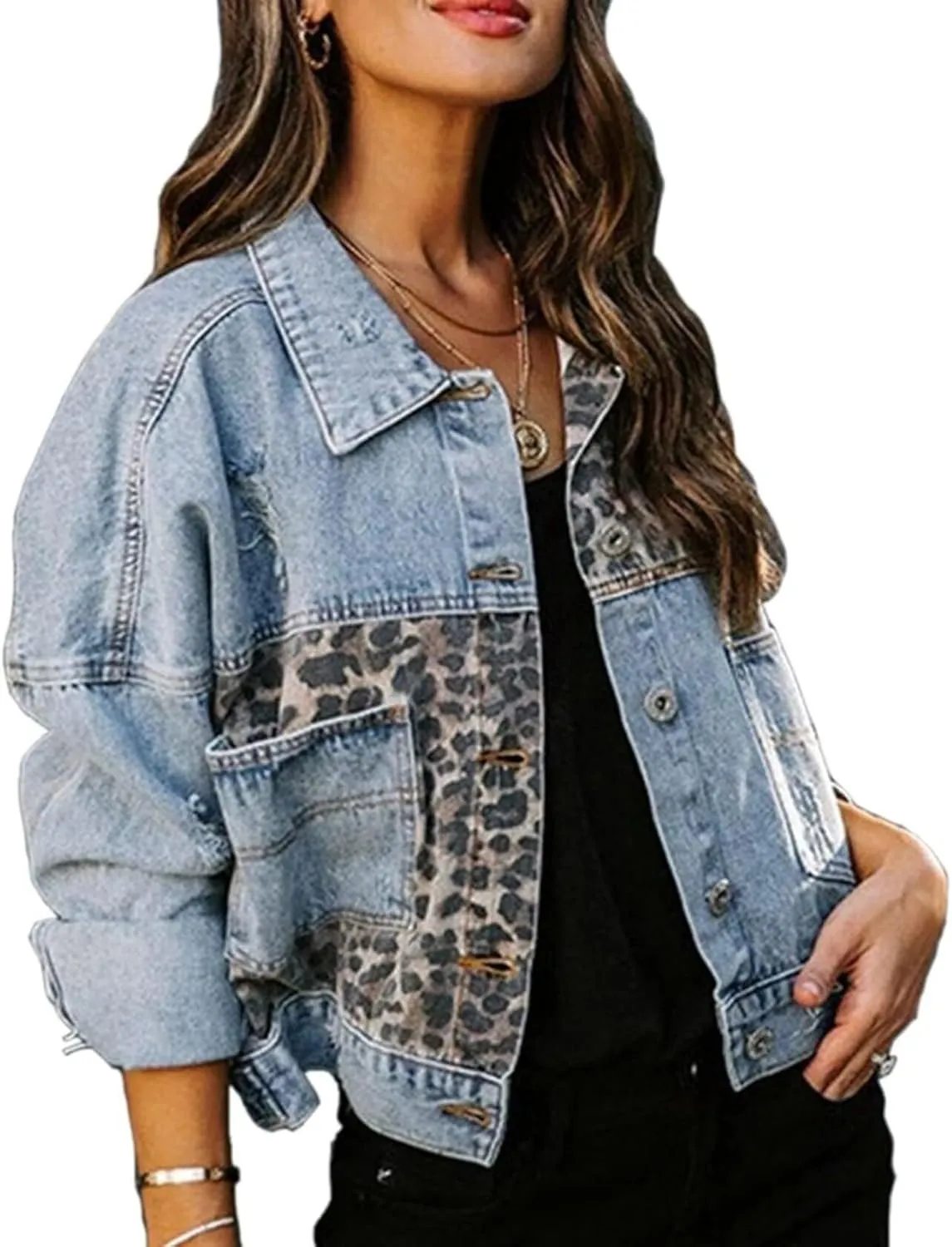 Women's Distressed Washed Leopard Denim Jean Jacket Button Down Long Sleeve Ripped Cheetah Jean Coat