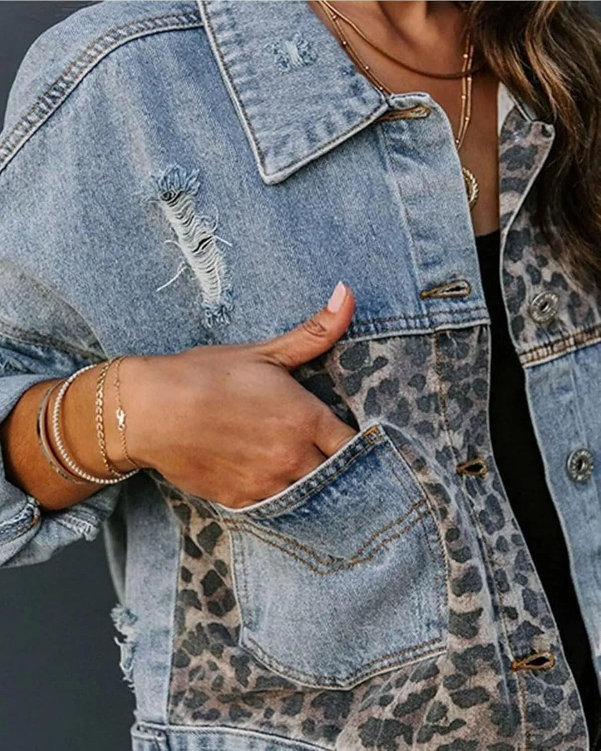 Women's Distressed Washed Leopard Denim Jean Jacket Button Down Long Sleeve Ripped Cheetah Jean Coat