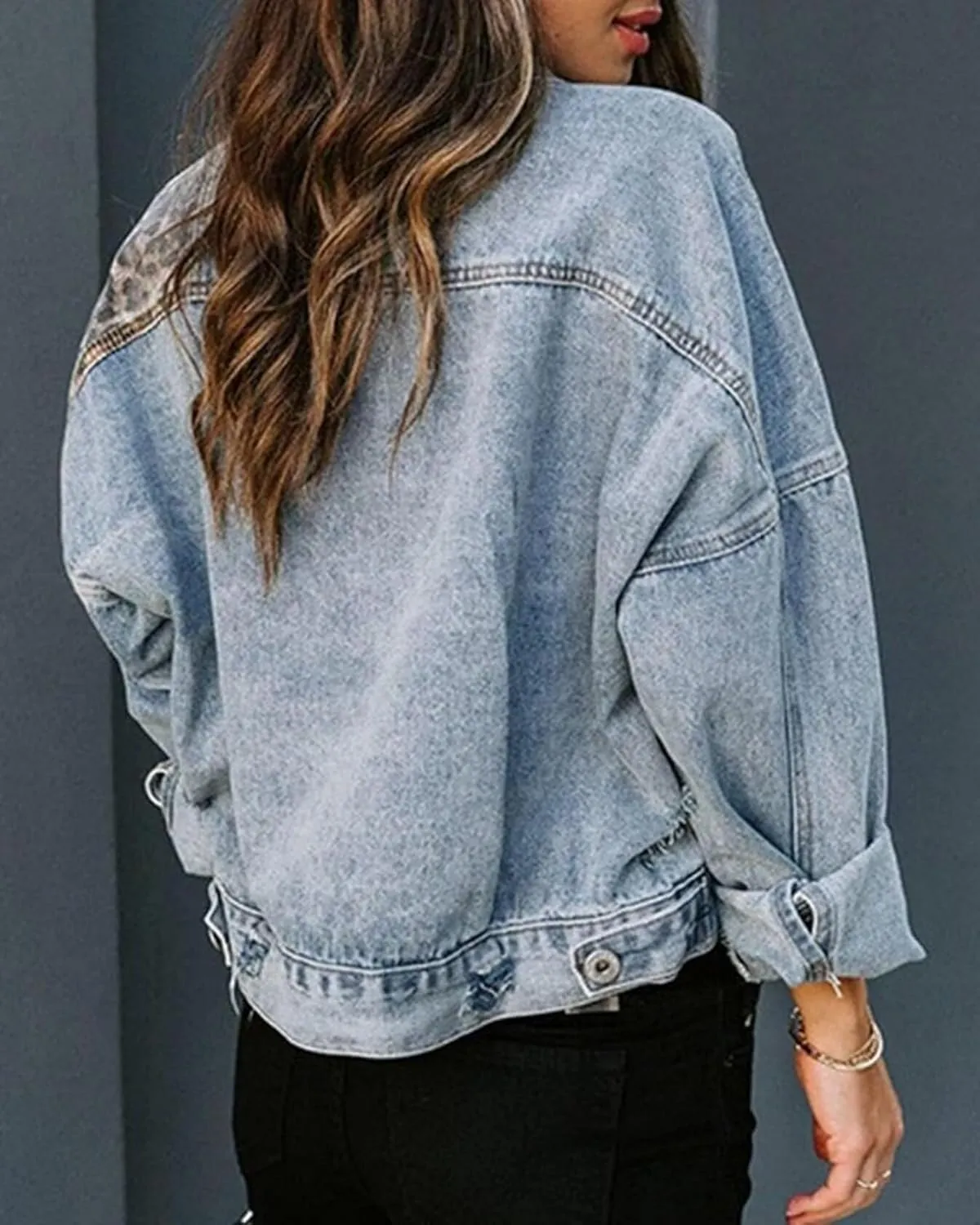 Women's Distressed Washed Leopard Denim Jean Jacket Button Down Long Sleeve Ripped Cheetah Jean Coat