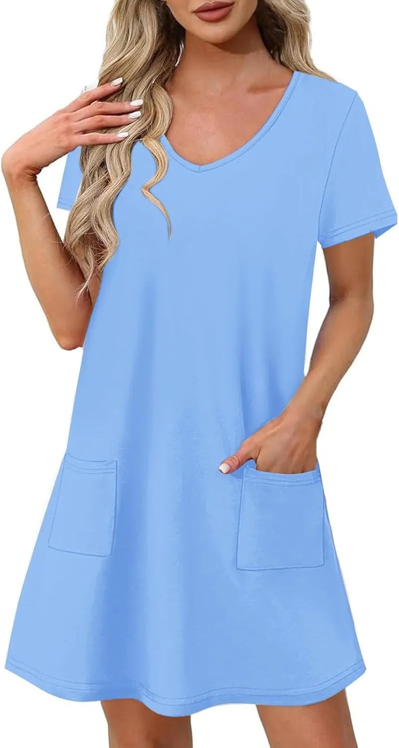 Womens Dress Loose Fit V Neck Casual Solid Color 2025 Summer Dresses Fashion Short Sleeve Mini Dress with Pockets