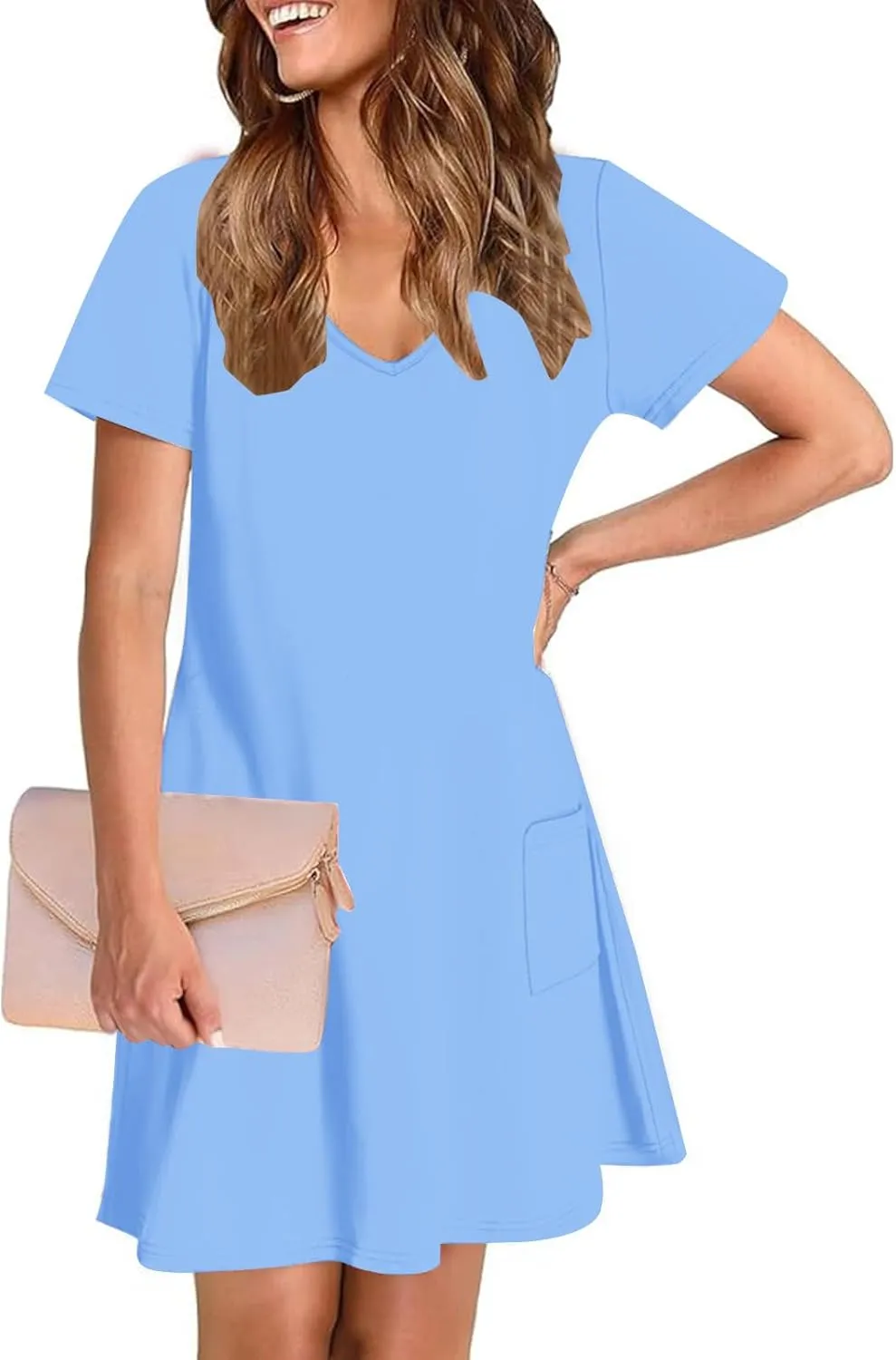 Womens Dress Loose Fit V Neck Casual Solid Color 2025 Summer Dresses Fashion Short Sleeve Mini Dress with Pockets