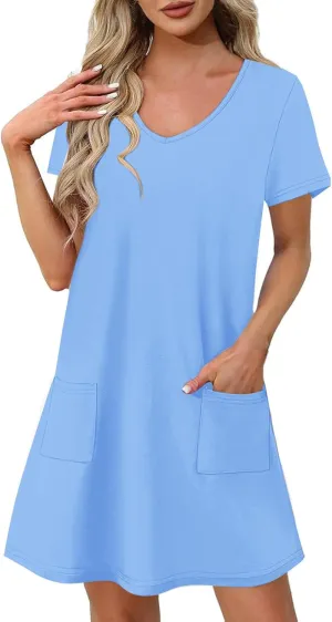 Womens Dress Loose Fit V Neck Casual Solid Color 2025 Summer Dresses Fashion Short Sleeve Mini Dress with Pockets