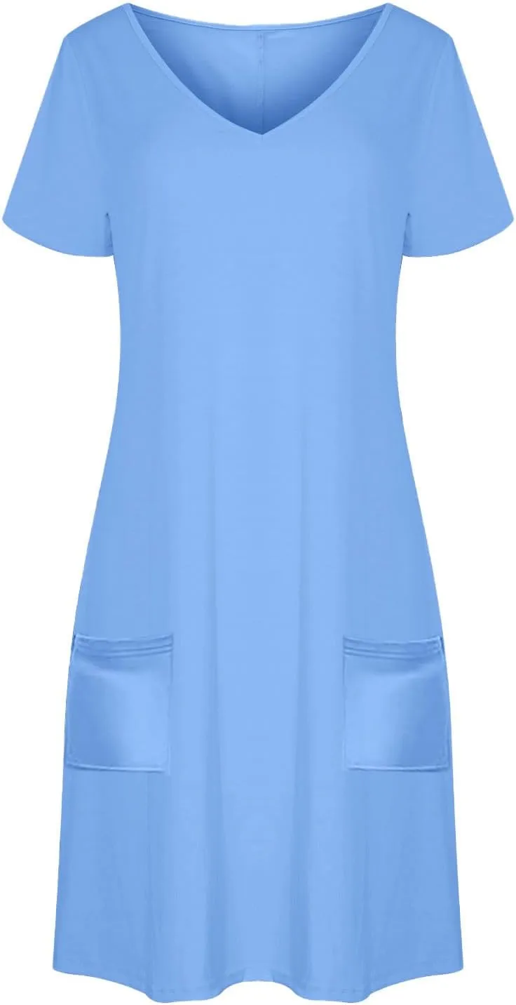 Womens Dress Loose Fit V Neck Casual Solid Color 2025 Summer Dresses Fashion Short Sleeve Mini Dress with Pockets