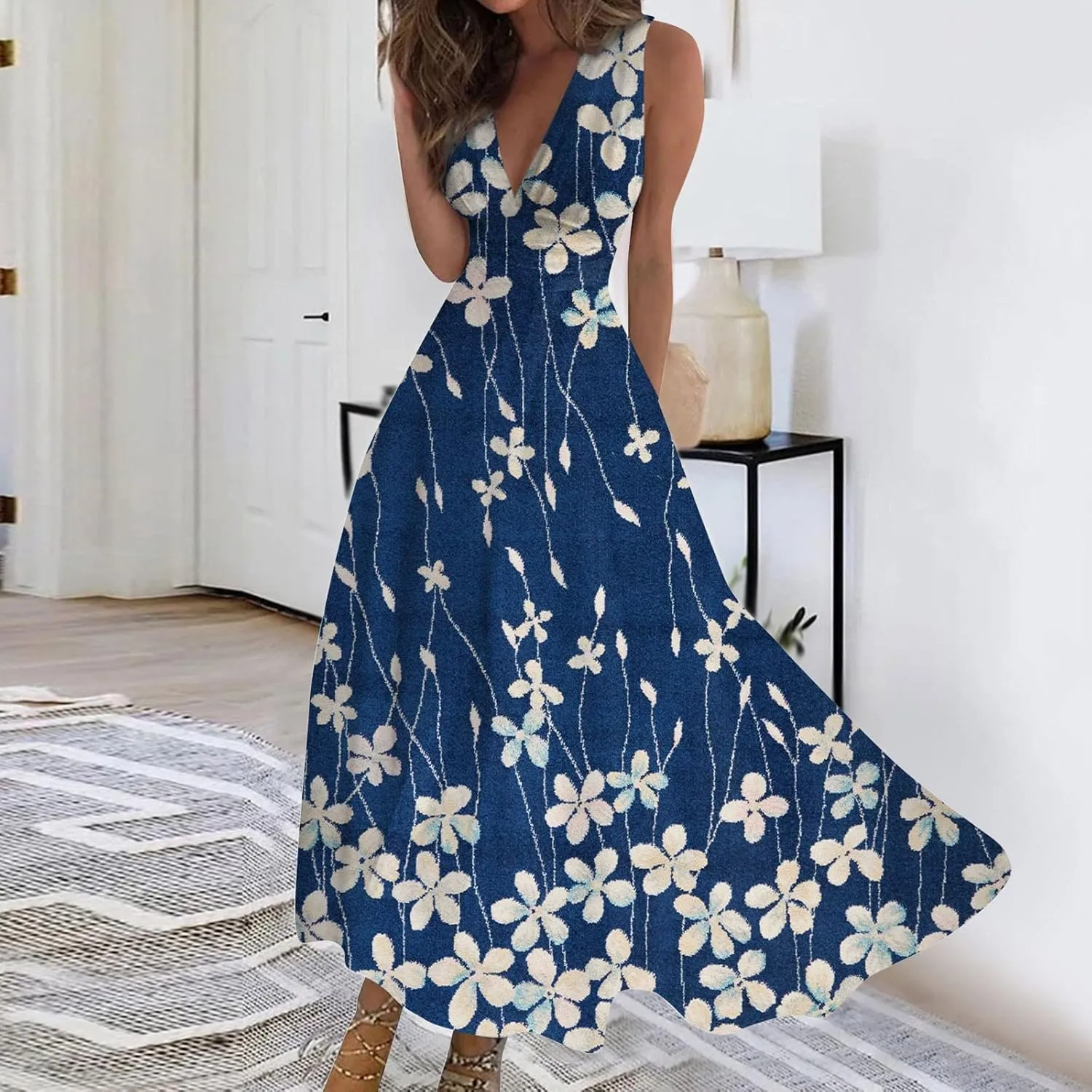 Womens Dresses Flowy Ruched Floral Print Sundresses Wrap V Neck Sleeveless Maxi Dress Elegant Beach Dresses