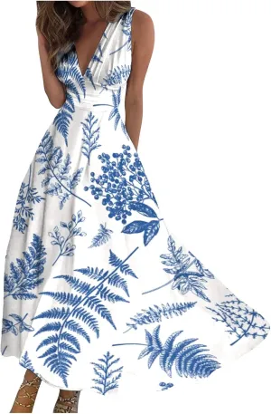 Womens Dresses Flowy Ruched Sleeveless Boho Dress Wrap V Neck Floral Print Beach Dresses Elegant Sundresses