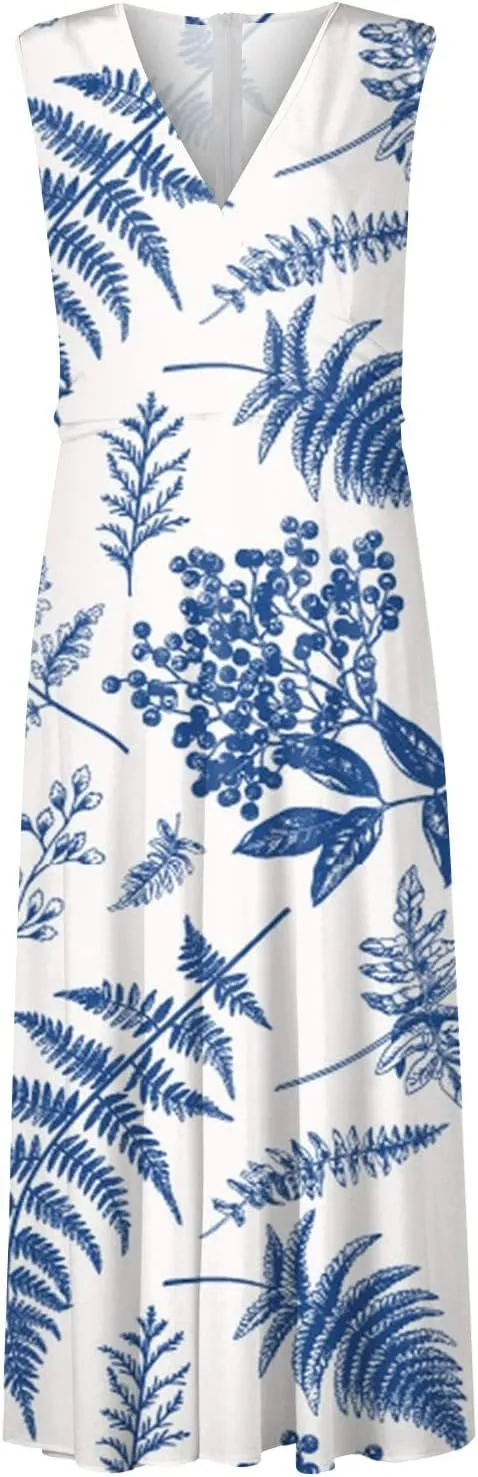 Womens Dresses Flowy Ruched Sleeveless Boho Dress Wrap V Neck Floral Print Beach Dresses Elegant Sundresses