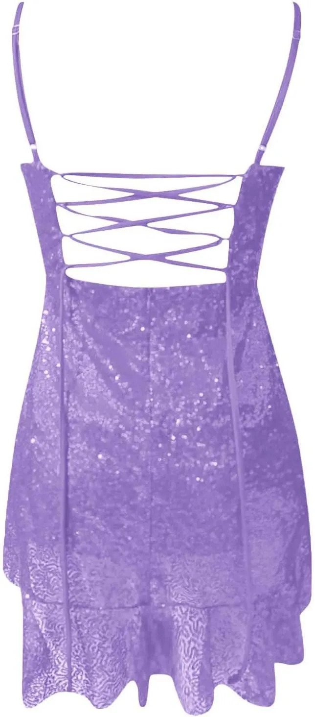 Women's Elegant Back Strap Lace Glitter Cocktail Dress with Leaf Edge Sleeveless Design for Party Evening