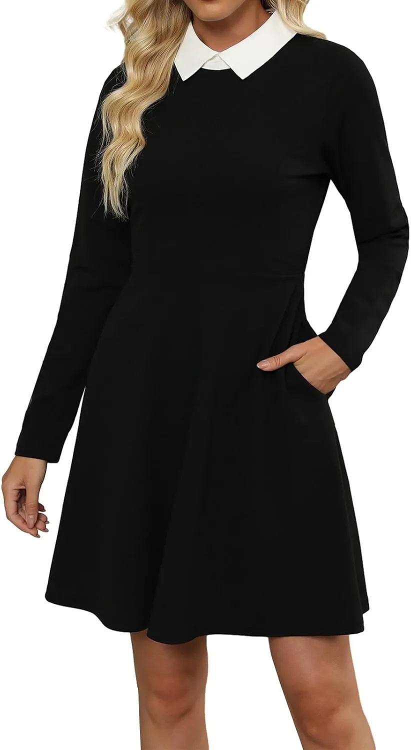 Women's Elegant Vintage Cotton Casual Floral Print Work Party Peter Pan Collar A-Line Dress with Pockets 978