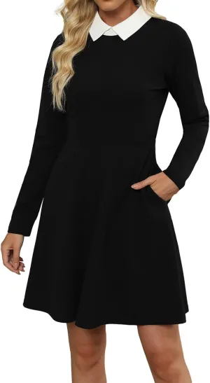 Women's Elegant Vintage Cotton Casual Floral Print Work Party Peter Pan Collar A-Line Dress with Pockets 978