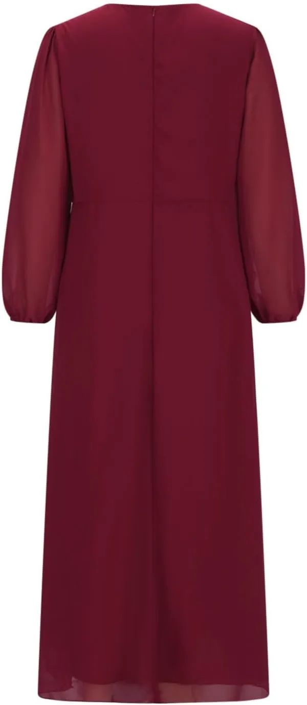 Women's Fall Winter Chiffon V Neck Long Sleeves Pleated Dress A-Line Wedding Guest Flowy High Low Evening Party Gown