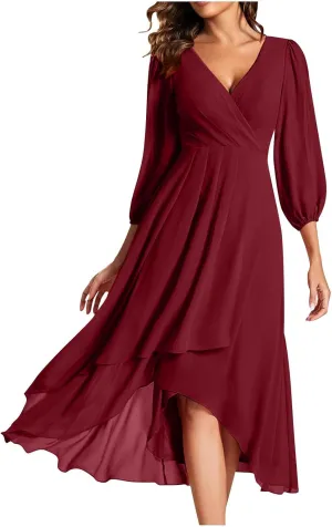 Women's Fall Winter Chiffon V Neck Long Sleeves Pleated Dress A-Line Wedding Guest Flowy High Low Evening Party Gown