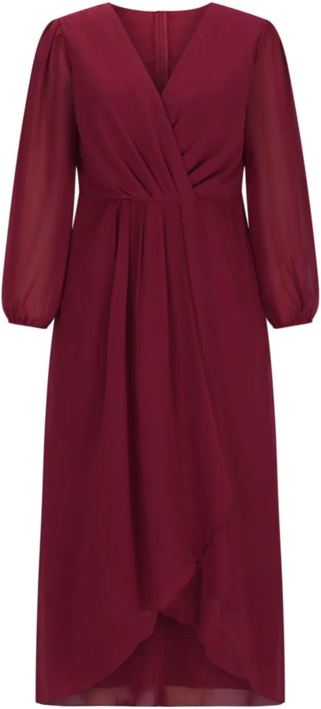 Women's Fall Winter Chiffon V Neck Long Sleeves Pleated Dress A-Line Wedding Guest Flowy High Low Evening Party Gown