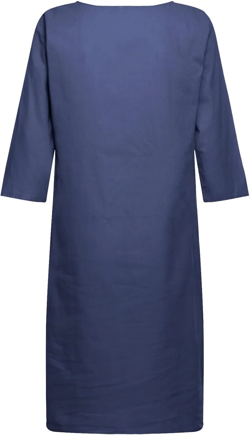 Women's Fashion Linen Short Dress Elegant Casual Half Sleeve Dresses Pullover V Neck Shirt Dresses for Women