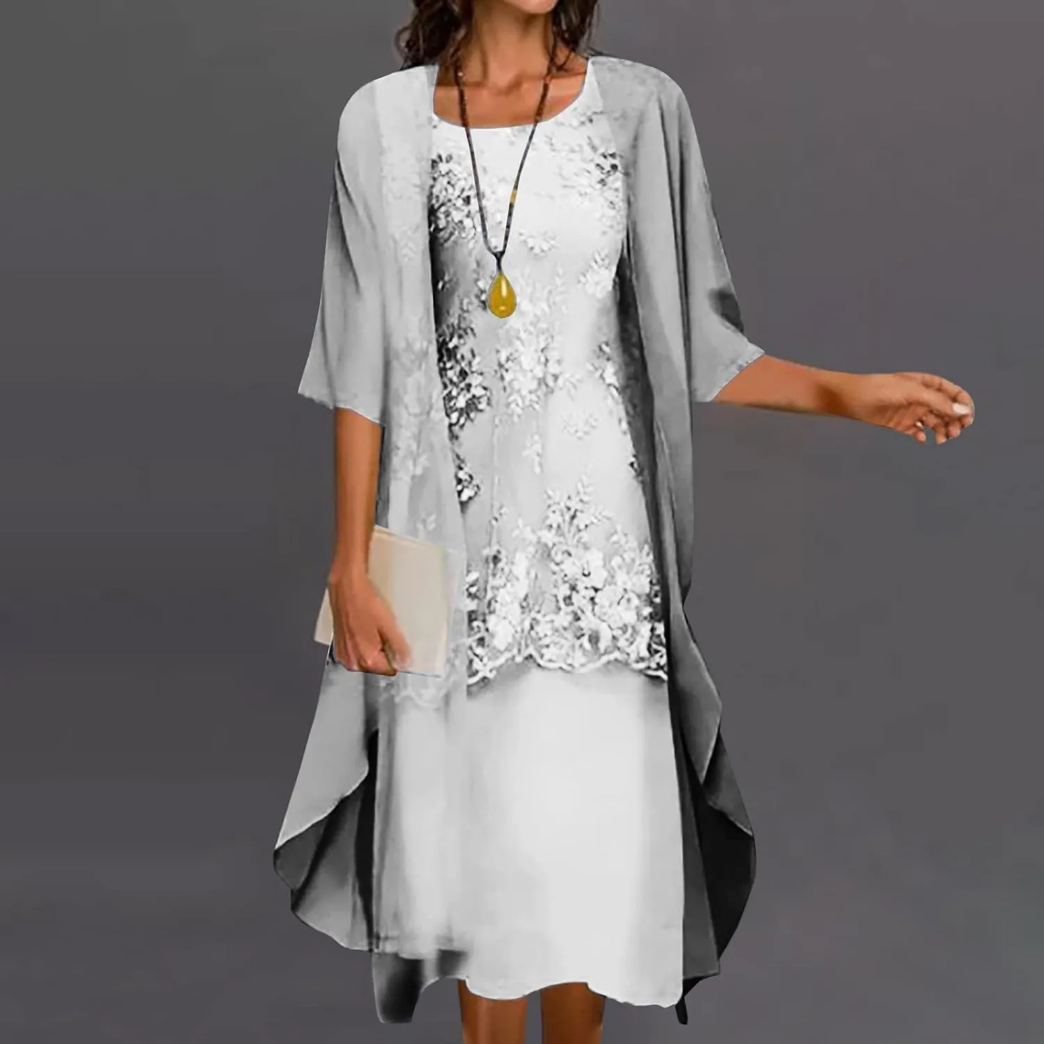 Womens Flowy Floral Dresses with Jacket 2 Piece Set 3/4 Sleeve Sheer Chiffon Summer Cocktail Wedding Guest Dress