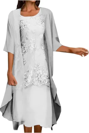 Womens Flowy Floral Dresses with Jacket 2 Piece Set 3/4 Sleeve Sheer Chiffon Summer Cocktail Wedding Guest Dress