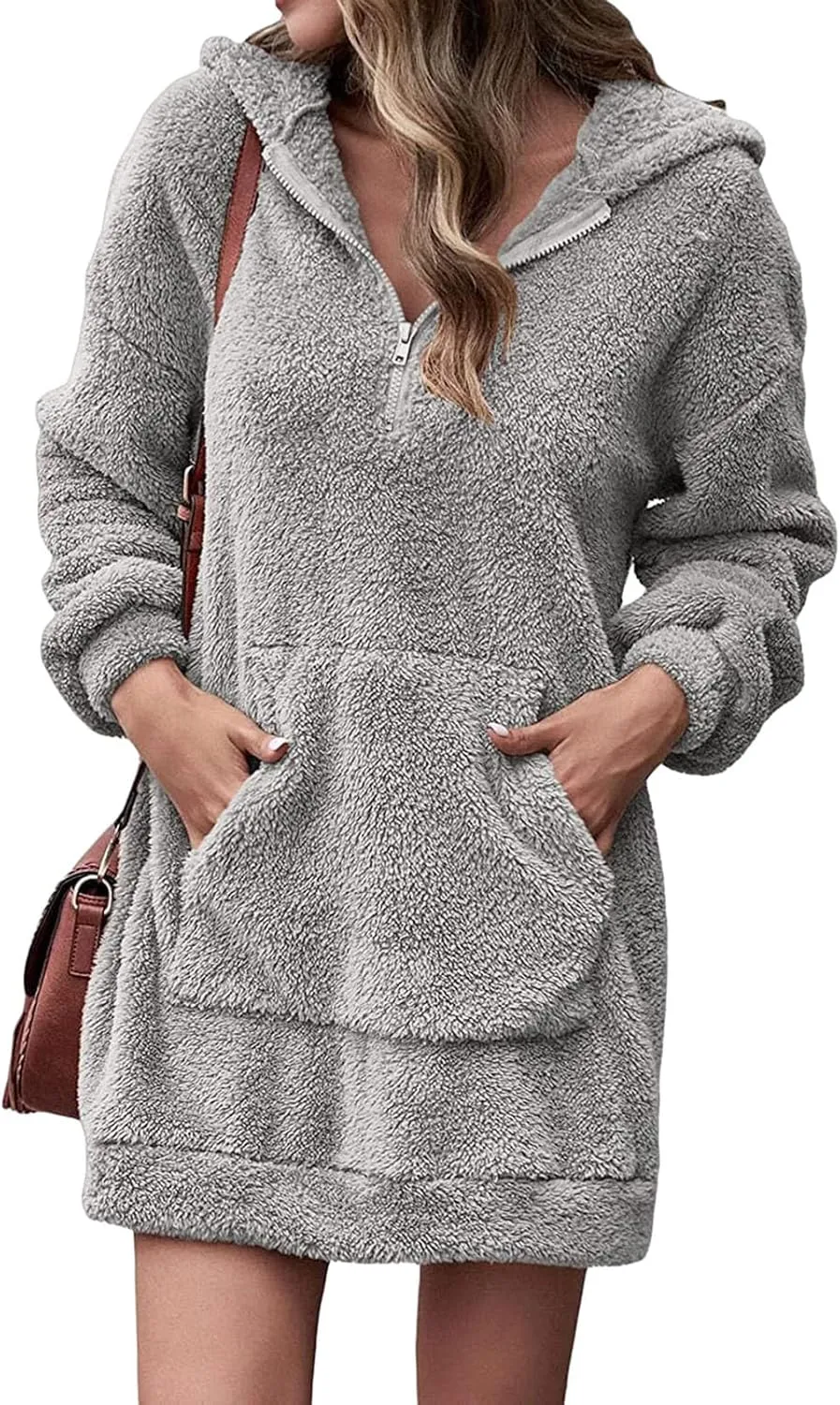 Womens Fuzzy Fleece Hoodies Oversized Half Zip Pullover Winter Long Sleeve Hooded Sweatshirts Casual Tunic Tops