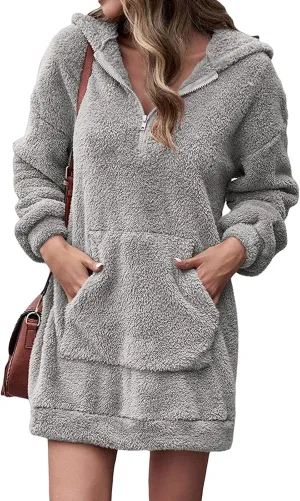 Womens Fuzzy Fleece Hoodies Oversized Half Zip Pullover Winter Long Sleeve Hooded Sweatshirts Casual Tunic Tops