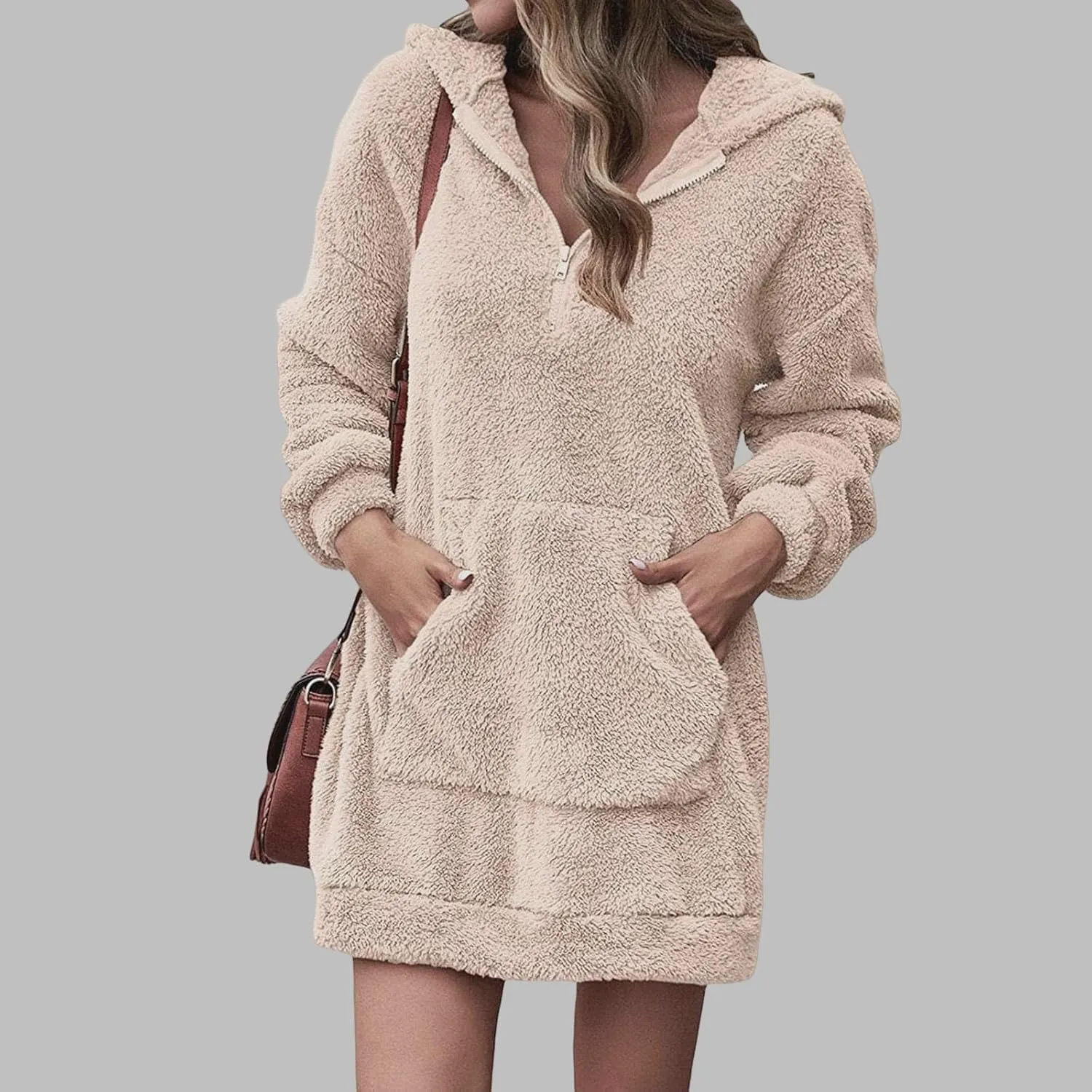 Womens Fuzzy Fleece Hoodies Oversized Half Zip Pullover Winter Long Sleeve Hooded Sweatshirts Casual Tunic Tops
