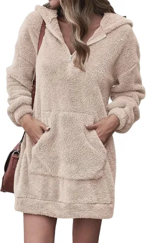 Womens Fuzzy Fleece Hoodies Oversized Half Zip Pullover Winter Long Sleeve Hooded Sweatshirts Casual Tunic Tops