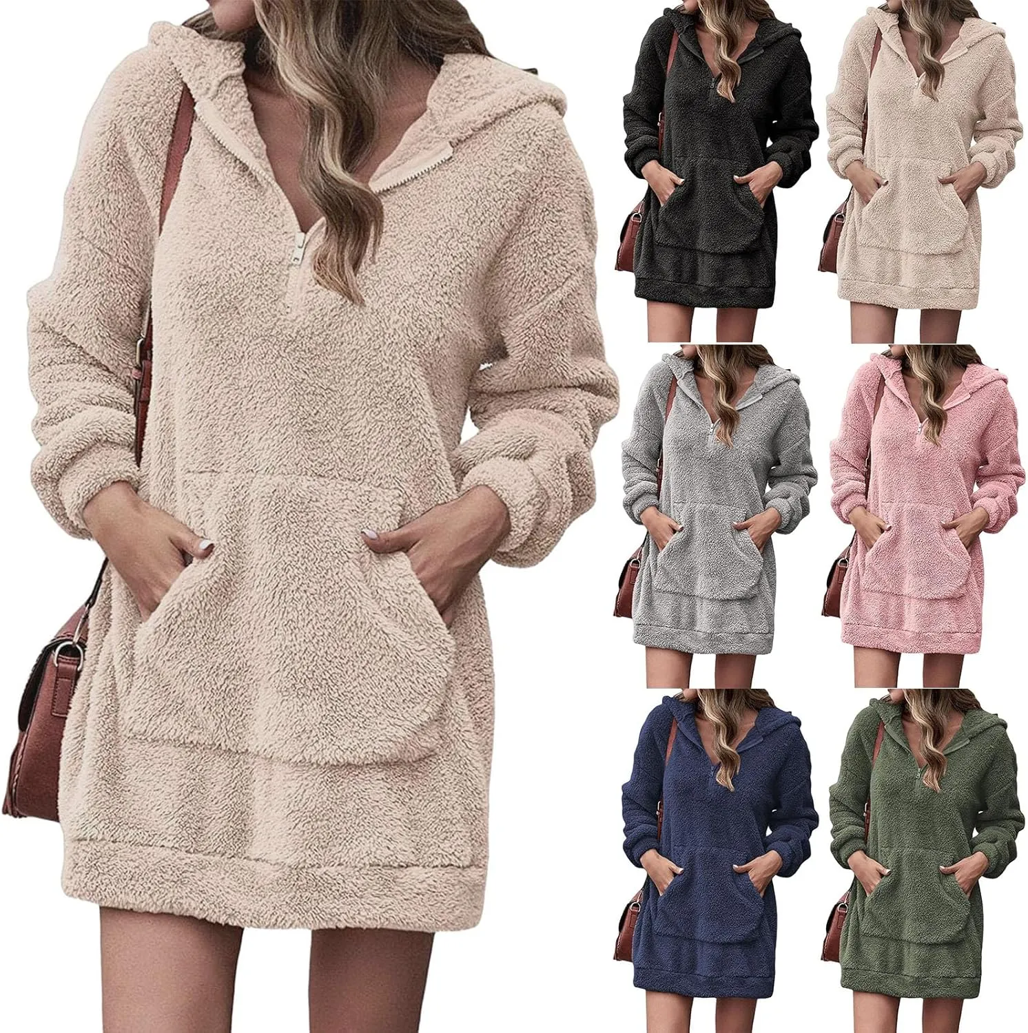 Womens Fuzzy Fleece Hoodies Oversized Half Zip Pullover Winter Long Sleeve Hooded Sweatshirts Casual Tunic Tops