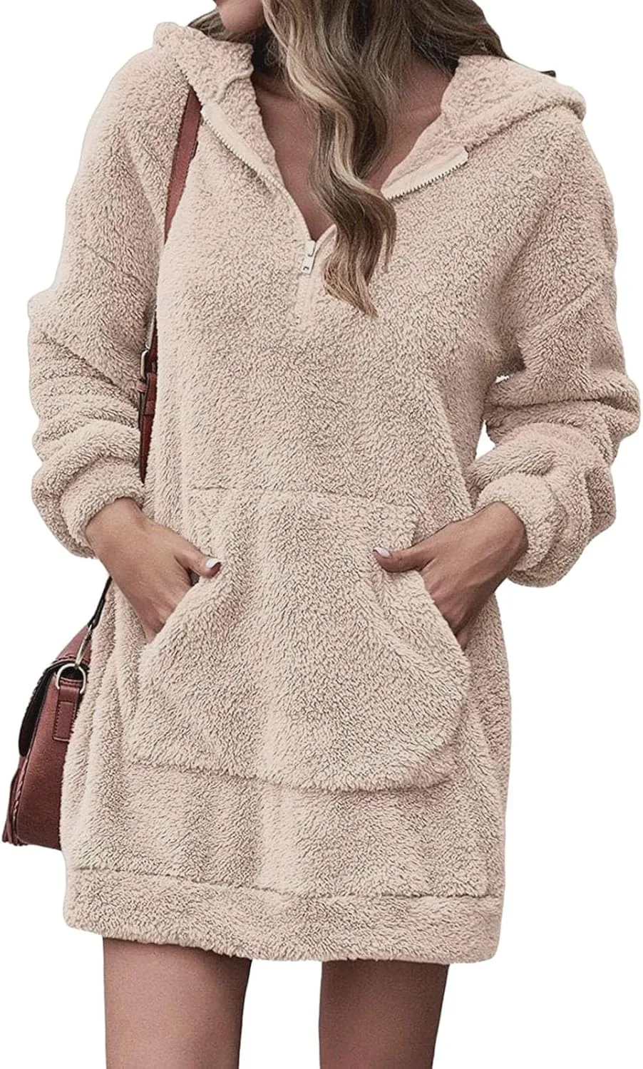 Womens Fuzzy Fleece Hoodies Oversized Half Zip Pullover Winter Long Sleeve Hooded Sweatshirts Casual Tunic Tops