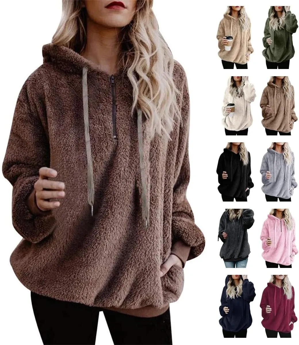 Womens Fuzzy Hoodies Oversized Sweatshirts Casual Warm Athletic Cozy Hooded Sherpa Lined Fleece Pullover with Pockets