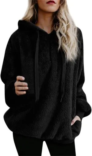Womens Fuzzy Hoodies Oversized Sweatshirts Casual Warm Athletic Cozy Hooded Sherpa Lined Fleece Pullover with Pockets