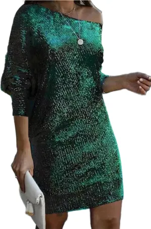 Women's Glitter Sequin Dress Loose Sparkly Sequin Party Club Dresses V Neck Short Sleeve Swing Midi Dress