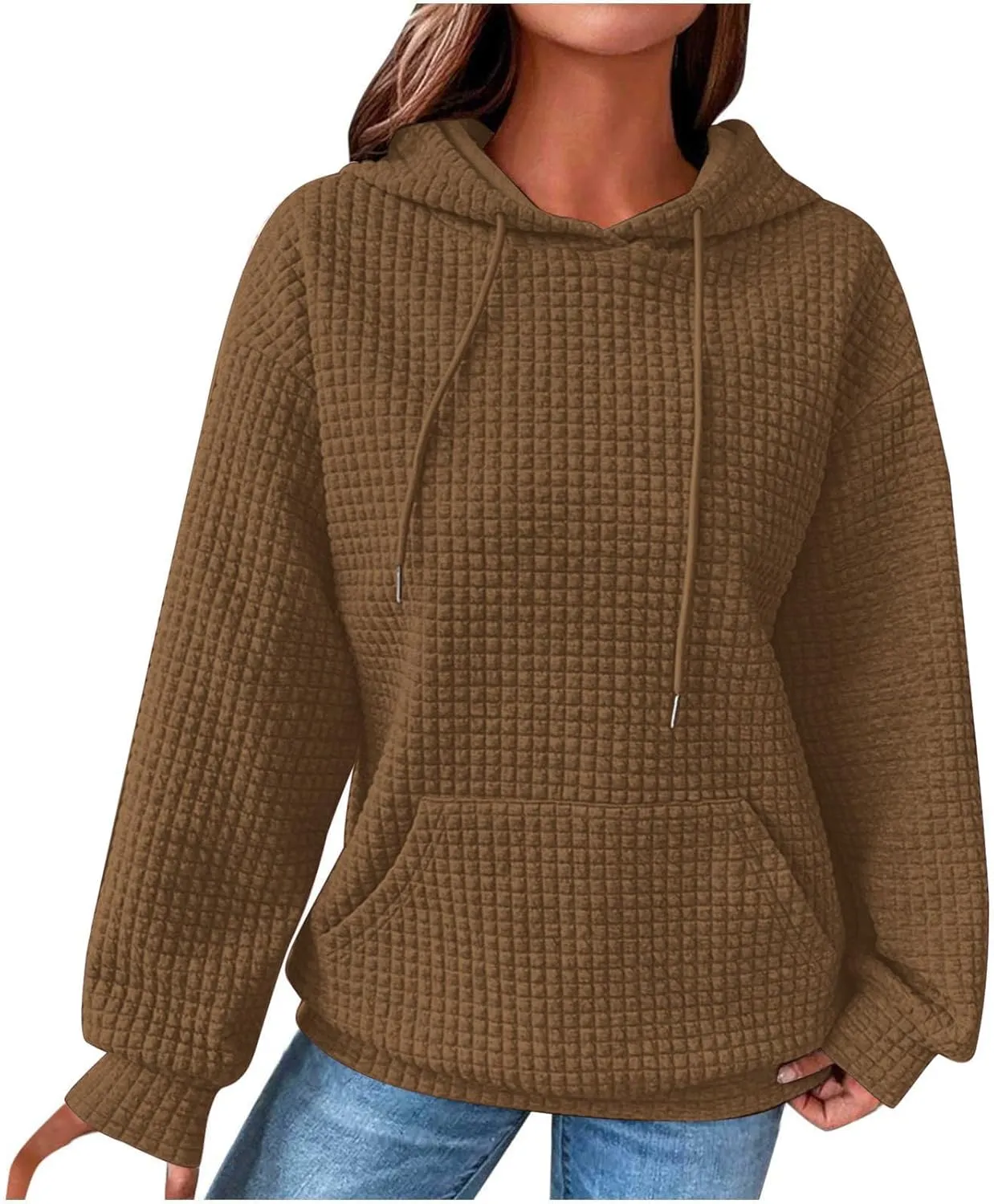 Womens Hoodies Fashion Solid Color Tops Long Sleeve Casual Loose Fitted Sweatshirt Pocket Drawstring Pullover