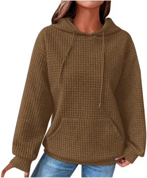 Womens Hoodies Fashion Solid Color Tops Long Sleeve Casual Loose Fitted Sweatshirt Pocket Drawstring Pullover