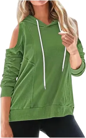 Womens Hoodies Oversized Sweatshirts Casual Hooded Pullover Off Shoulder Drawstring Long Sleeve Fall Fashion Clothes