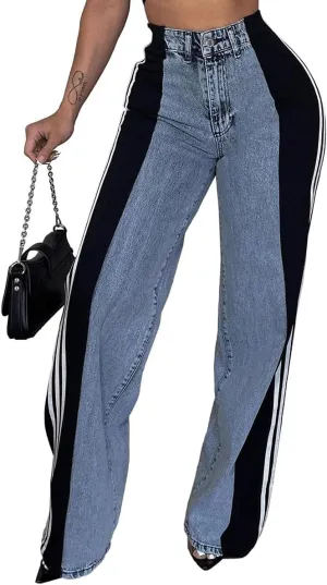 Womens Jeans High Waisted Wide Leg Patchwork Stripes Stretchy Jean Color Block Straight Trendy Demin Pants
