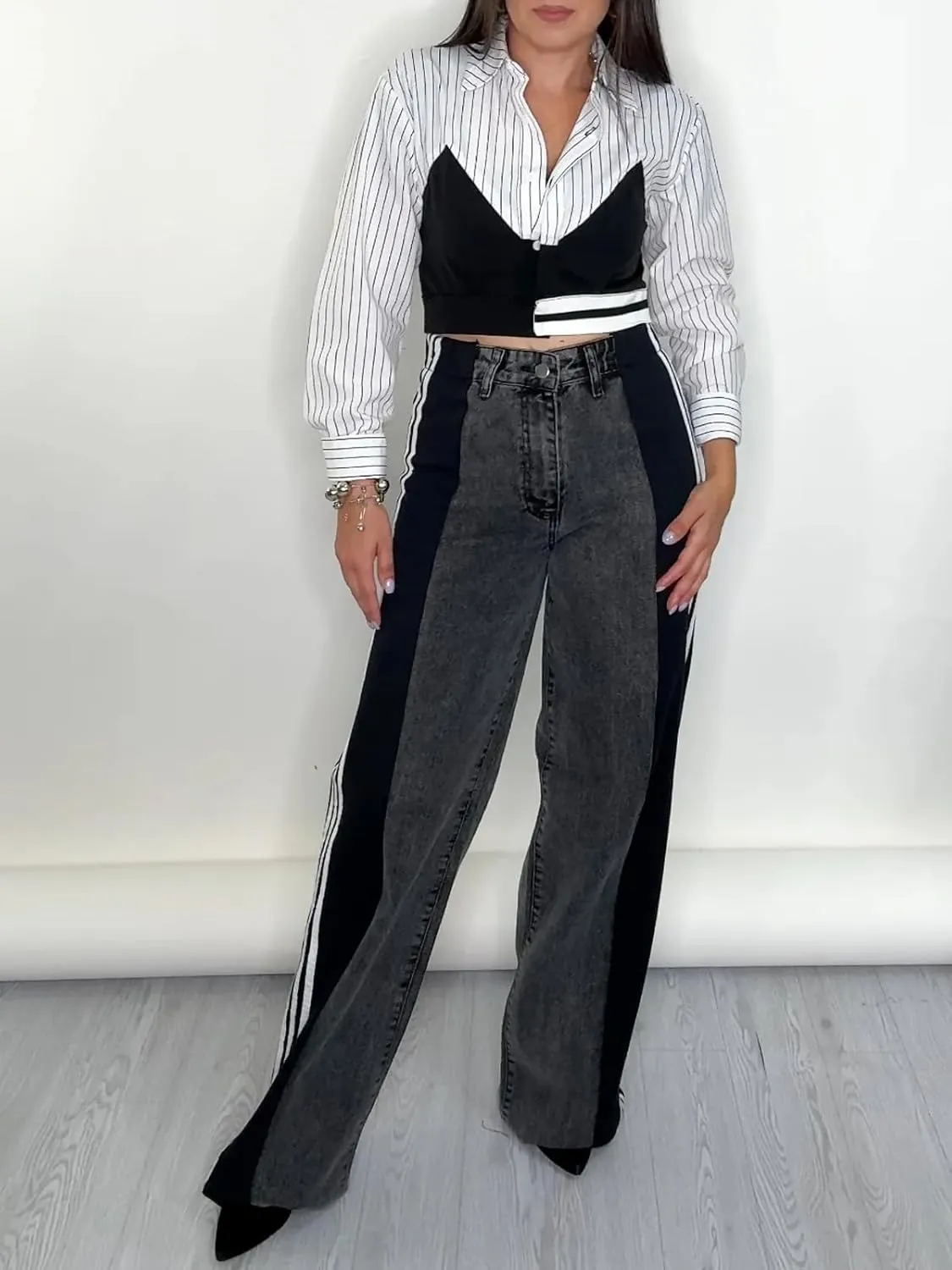 Womens Jeans High Waisted Wide Leg Patchwork Stripes Stretchy Jean Color Block Straight Trendy Demin Pants