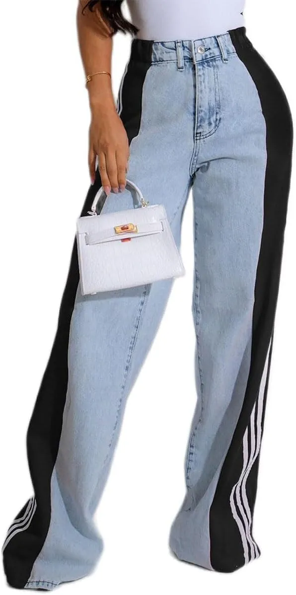 Womens Jeans High Waisted Wide Leg Patchwork Stripes Stretchy Jean Color Block Straight Trendy Demin Pants